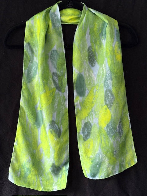 Silk scarf with green/blue leaves