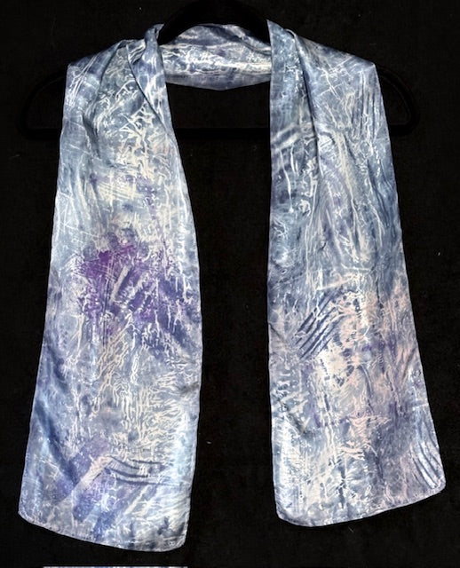 Silk scarf hand dyed in purple, blue, white, grey