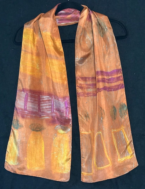 Silk scarf in bronze with gold, olive, violet patterns