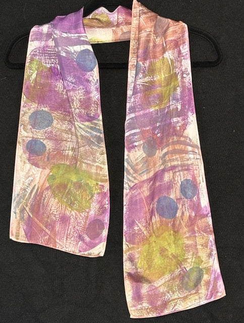 Silk scarf hand printed with with adobe, pink, purple pattern with blue & green accents
